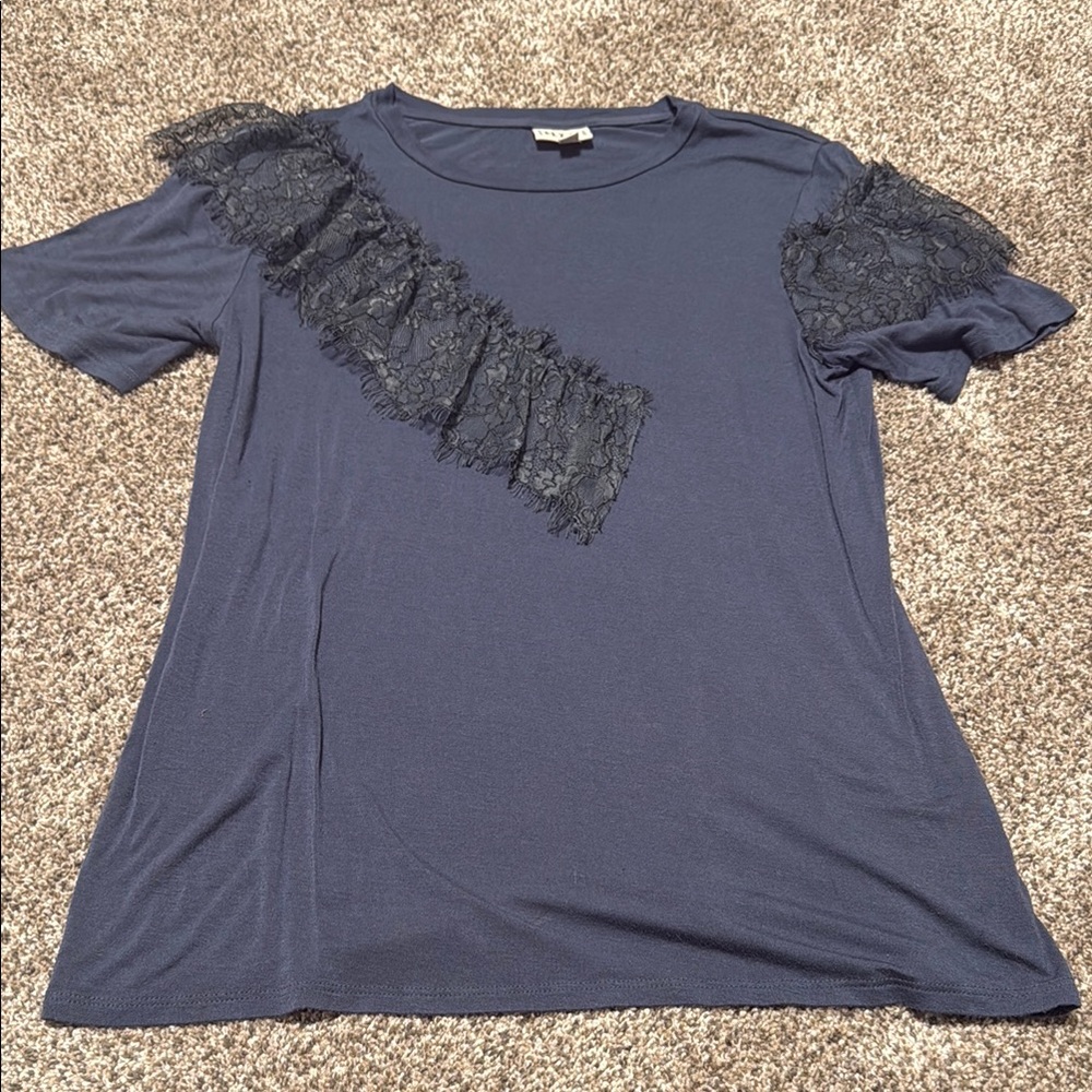 Elegant Navy Lace Trim Women's Top